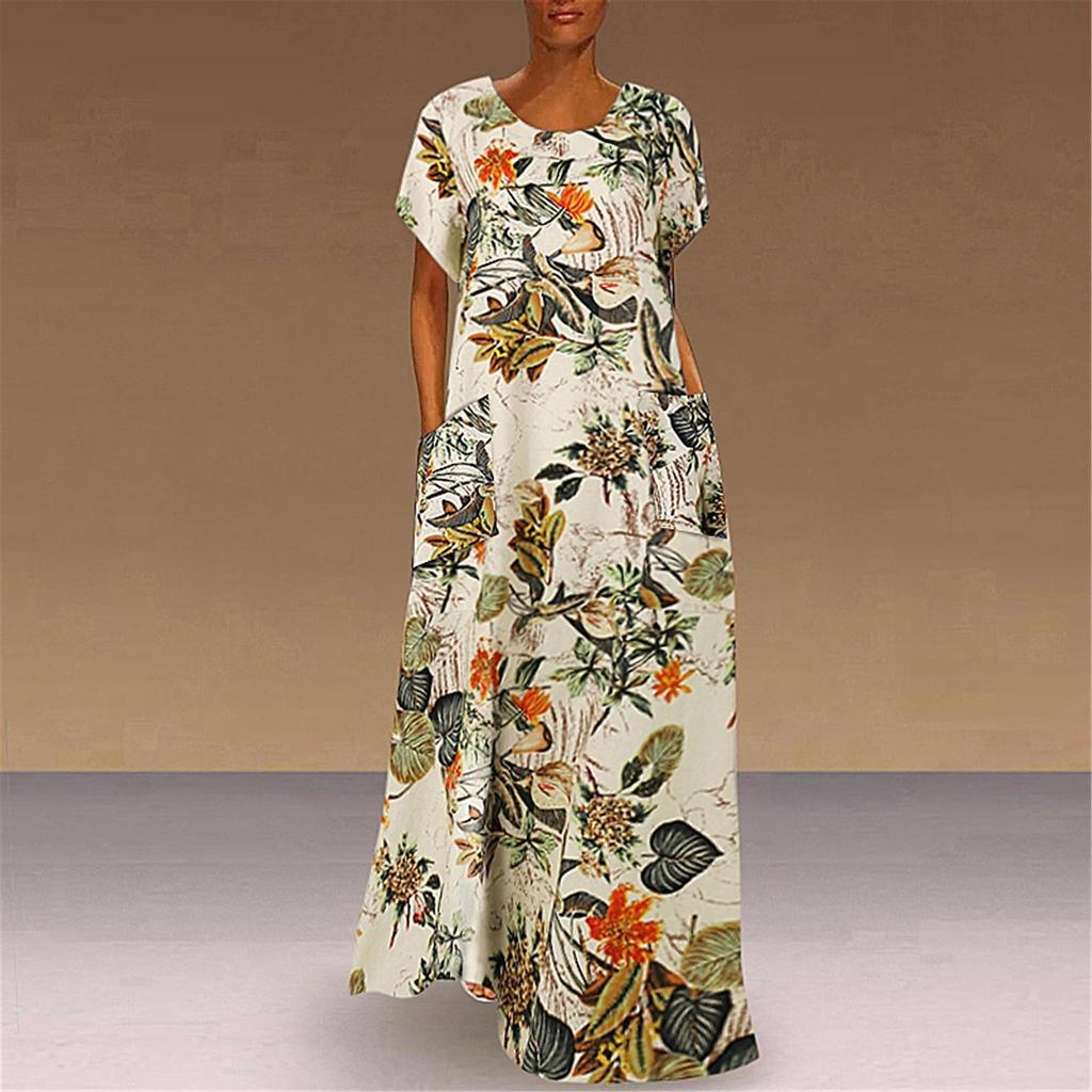 Women Round Neck Half Sleeve Flower Print Robes Style  Kaftan Loose Long Dress