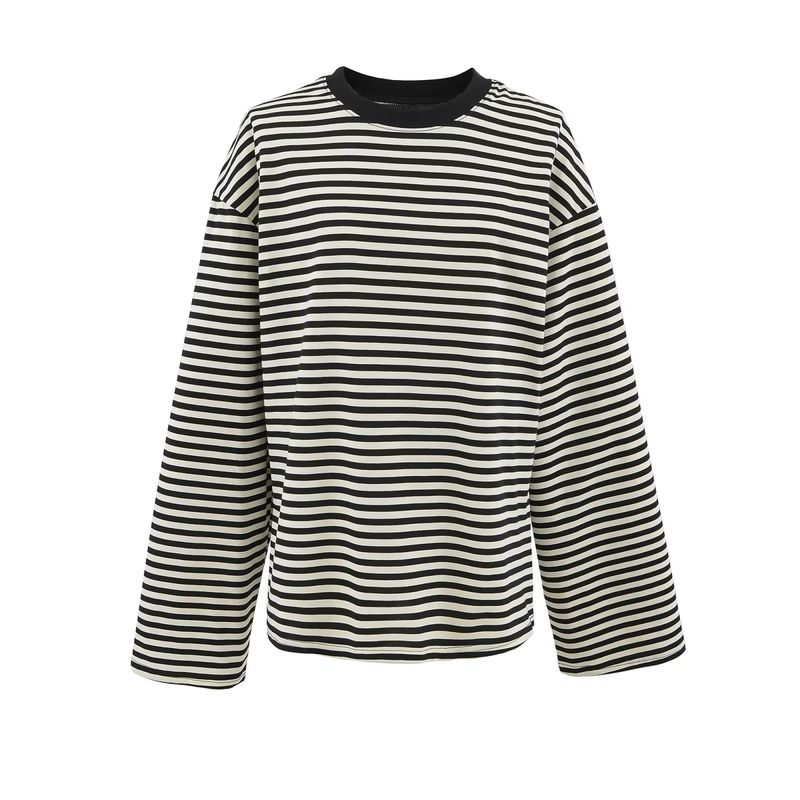 Summer New Product Women's Clothes French Lazy Style Round Neck Long Sleeves Contrast Color Stripes Casual Loose T-shirt Tops