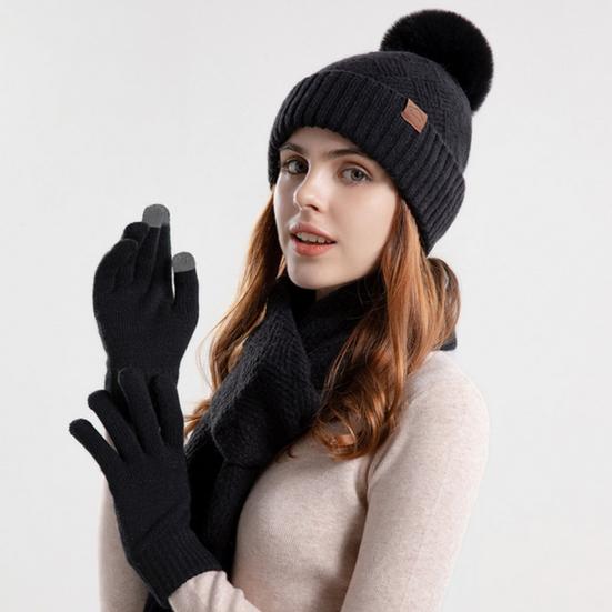 Women's Winter Hat Scarf Gloves Set Faux Fur Pompom Ball Knitted Cap Long Scarf Touch Screen Gloves Set for Cold Weather