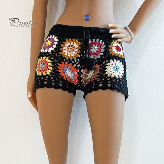 Women Crochet Beach Shorts Hollow Out Colorful Print Super Short Drawstring Elastic Waist High Waist Slim Fit Vacation Bikini Shorts