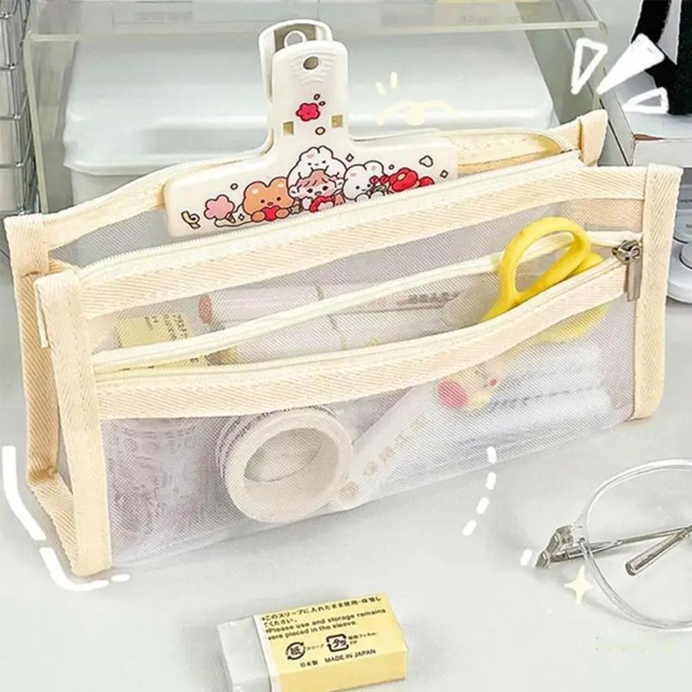 School Supplies Large Capacity Pencilcase Mesh Solid Color Pencil Bag Small Fresh Pencil Bag