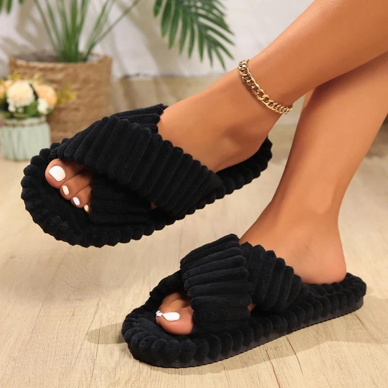 Winter Women Fashion Cross Strap Slippers Females Soft Corduroy Home Slides Men Portable Warm Plush Sandals Couples Lovely Shoes