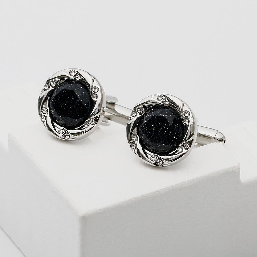 Men's Cufflink Set, Black Blue Sandstone with Rhinestone Cufflinks, Comes with an Gift Box.