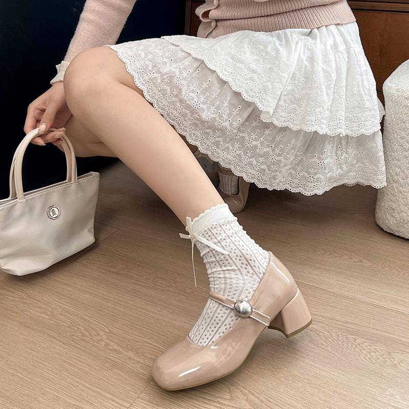 Patent leather Mary Jane single shoes women's spring new versatile thick heel square head one-word buckle temperament high heels