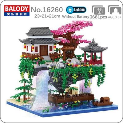 Architecture Peach Tree House Waterfall River Light DIY Mini Diamond Blocks Bricks Building Toy for Children No Box