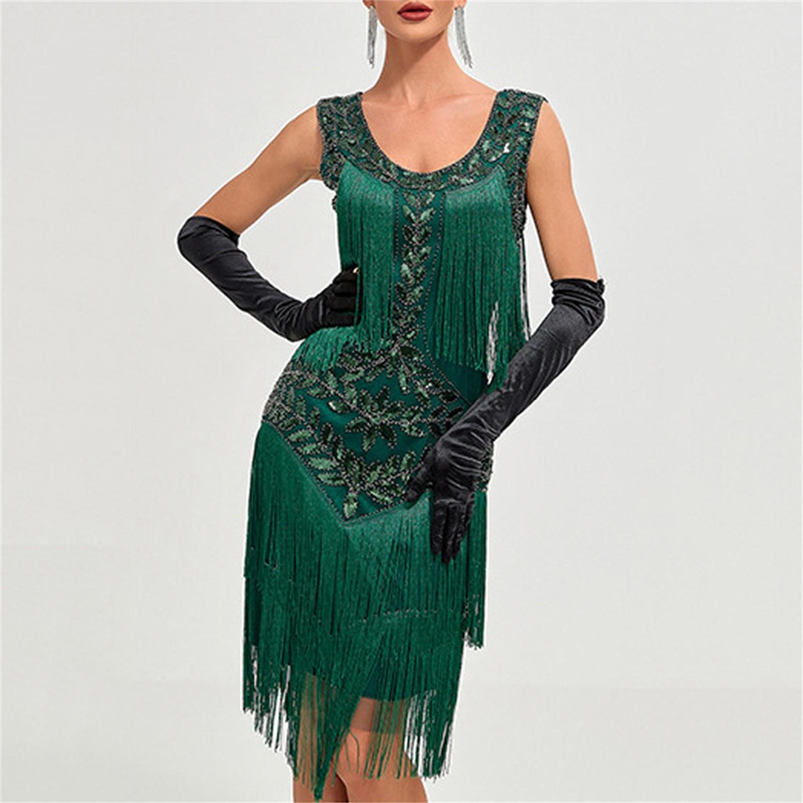 

Жіноча вечірня сексуальна сукня Модна суцільна сукня з паєтками з бахромою L зелений