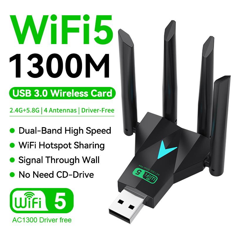 

VAORLO 1300 Мбіт/с WiFi USB-адаптер Двохдіапазонний 2,4 ГГц/5 ГГц WiFi-донгл 802.11AC Потужна антена Бездротовий приймач Для ПК/Ноутбука Без драйверів чорний