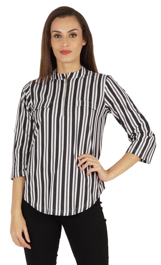 Inkmeso Fashionable Printed Casual Top For Women  s Mandarin Collar Relaxed-Fit Tunic