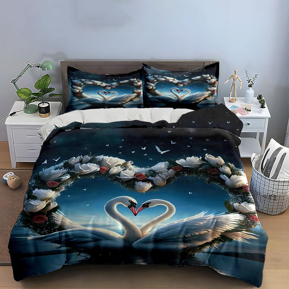 Swan Pair, Floral Heart. Bedding Sets Duvet Cover Sets Duvet Covers Pillowcases(1 * Duvet Cover 2 * Pillowcases Without Duvet Insert)