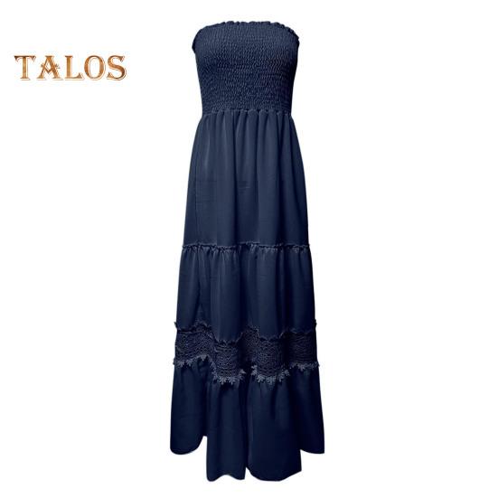 Women's Off Shoulder Maxi Dress Summer Smocked Lace Trim A Line Swing Dress Boho Strapless Flowy Beach Sundress