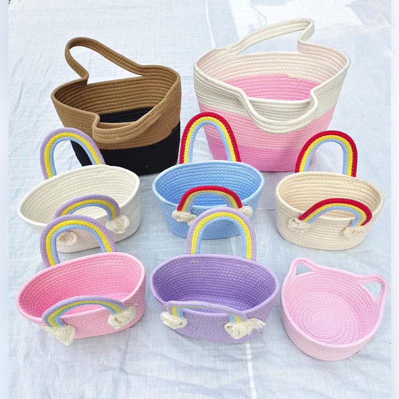 Dětský koš Duha a mrak: Tkaná bavlněná šňůra kabelka & Narozeninový suvenýr