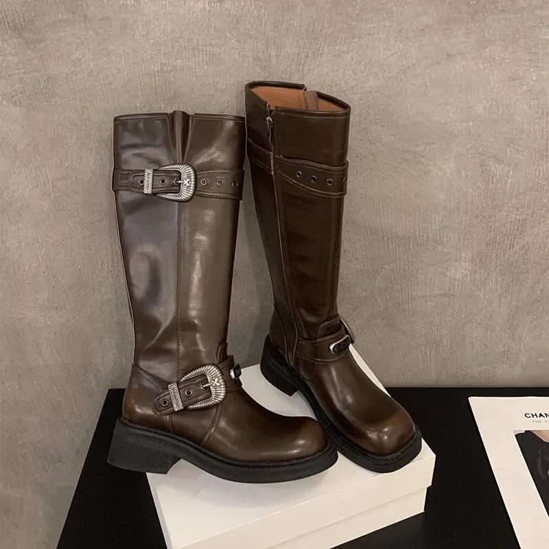Vintage Women Knight Long Boots Fashion Elegant Belt Buckle Shoes Square Heel Women's Western Cowgirl Booties