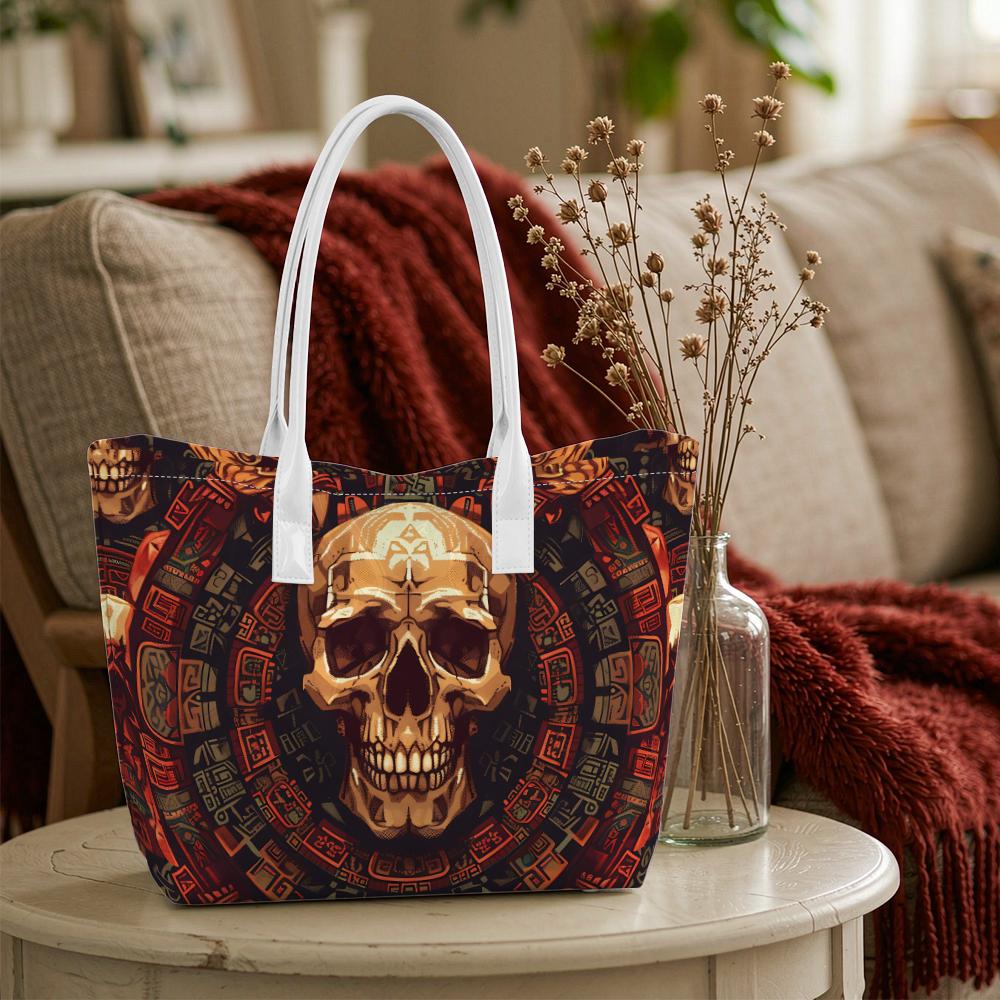 Aztec Skull Print Tote Bag Vintage Stylish Shoulder Handbag for Daily Use