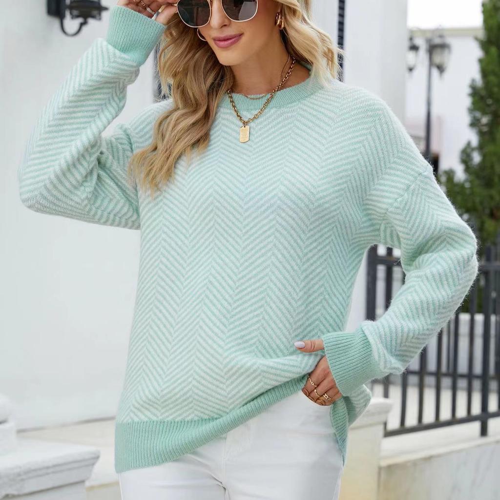 IHUASU Damen Herbst und Winter Gestreifter Mode Langarm O-Ausschnitt Gestrickter Lockerer Patchwork Pullover Pullover