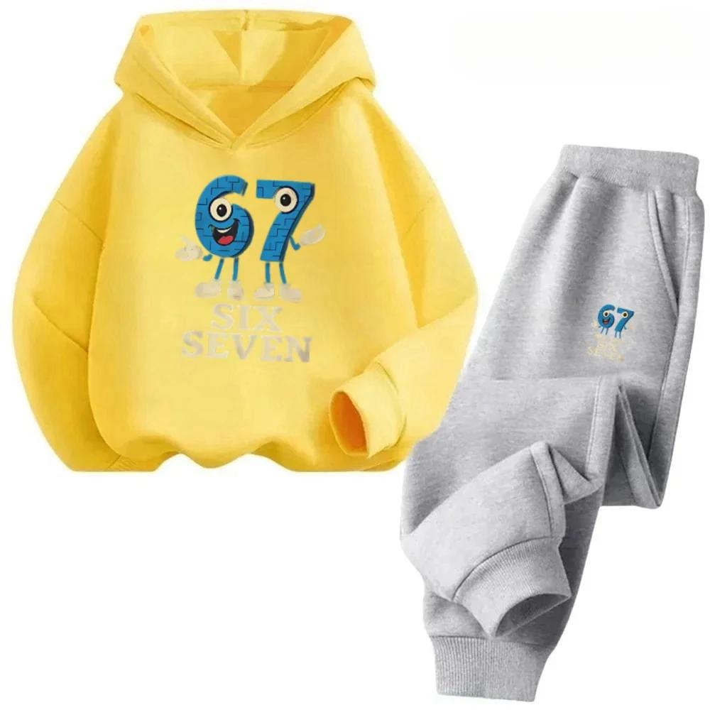 67 Fun Kids Set Cartoon Print Tracksuit Casual Fashion Outfit Children's Hoodies Set Fashion Trend Set Pants Suits