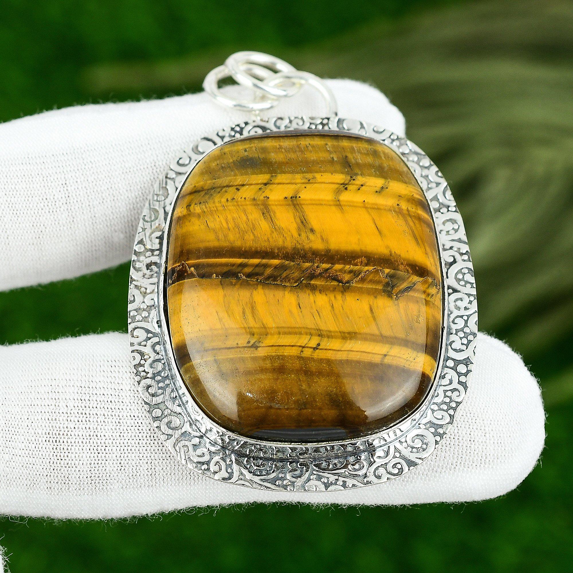 

925 Sterling Silver Radiant Natural Tiger Eye Wife Engagement Pendant Jewelry