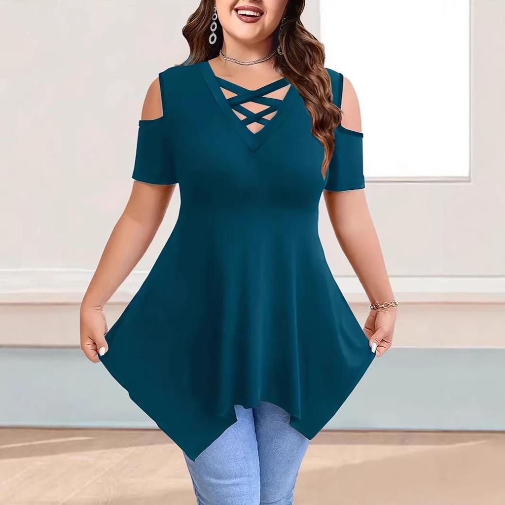 V-Neck Off-Shoulder Strap Short-Sleeve Plain Women's T-Shirt Top