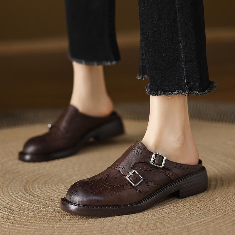 Fashion 2025 New Genuine Leather Retro Loafers Woman Sandal Round Toe Slip-on Casual Shoes Spring Summer Shoes Outdoors Walk Shoes Woman