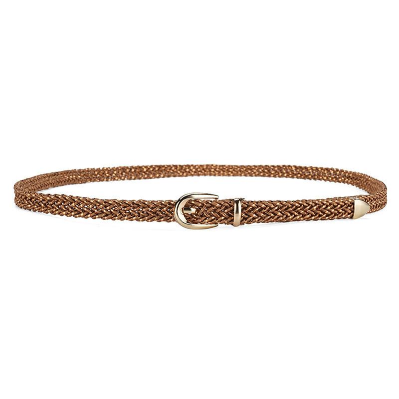 Womens Elegant Slim Woven Belt With Decorative Gold Buckle For Stylish Dress And Shirt Outfit