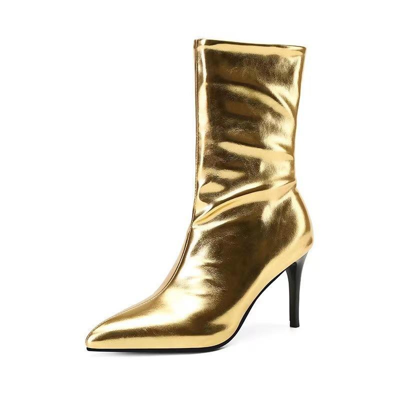 Autumn and winter gold silver bright patent leather pointed super fine heel elastic thin boots medium boots