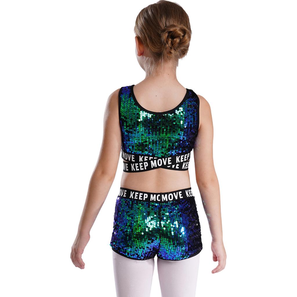 Kids Girls Sparkling Sequins Dance Clothes Set Sleeveless Criss Cross Straps Crop Top with Shorts
