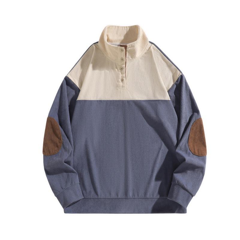 

Men s Vintage Color Block Corduroy Sweatshirt, Stand Collar Button Pullover with Elbow Patches, Casual Long Sleeve Streetwear for Spring & Autumn S абрикосовий/синій