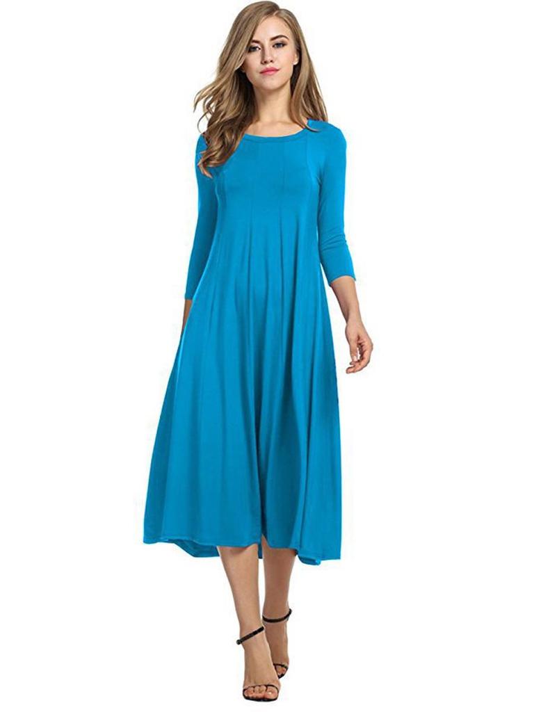 2024 Damen Sommer Mode Rundhals Mittellange Ärmel Einfarbig Großes Schwingkleid