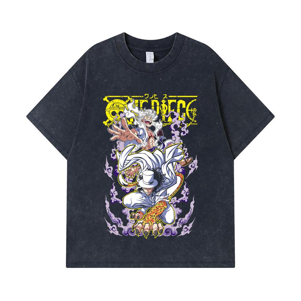 275 GSM Washed T-shirts 100% Cotton One Piece V64 Luffy Lucci Print Unisex Heavy Cotton T Shirt