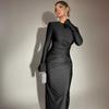 Autumn Western Style Solid Pleat Slim fit Long sleeve dress Slim Fit Long Sleeve Dress