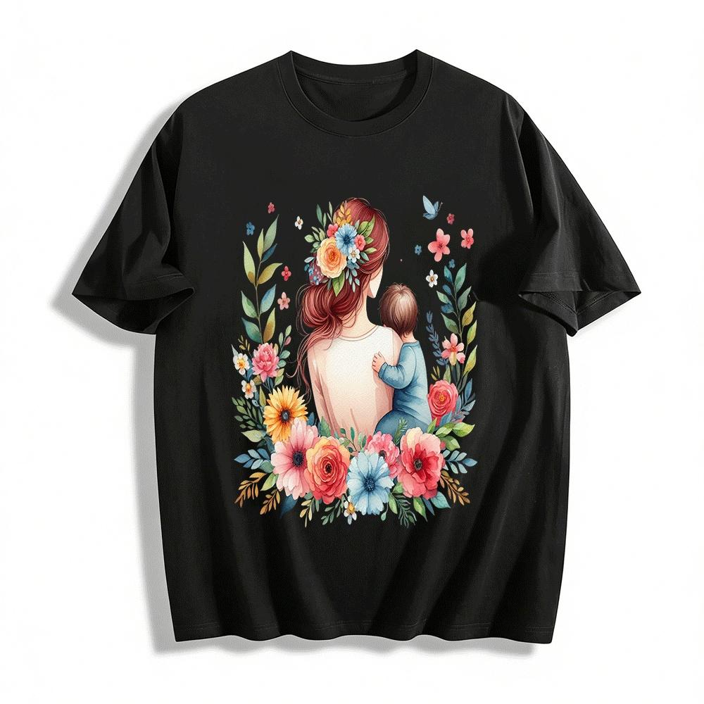 

Floral Print Mom And Child Hug Casual Parent-child Top Pure cotton T-shirt XXS