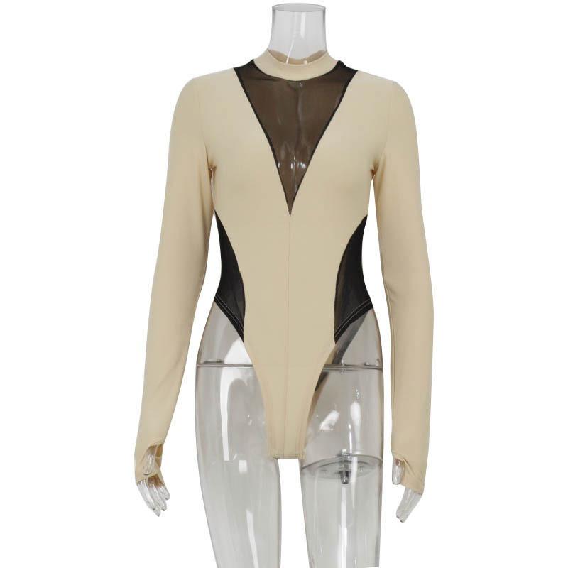 

Женский сексуальный обтягивающий сетчатый комбинезон с прозрачной строчкой, модная высококачественная базовая рубашка с длинными рукавами Spice Girl L абрикосовый