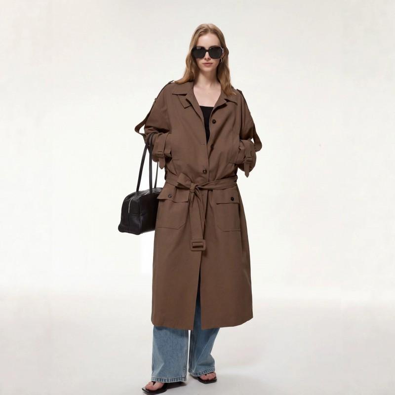 2026 Womens Trench Coat Long Sleeve Cotton Blend Belted Waist Loose Fit Fashion Outerwear Daily Wear