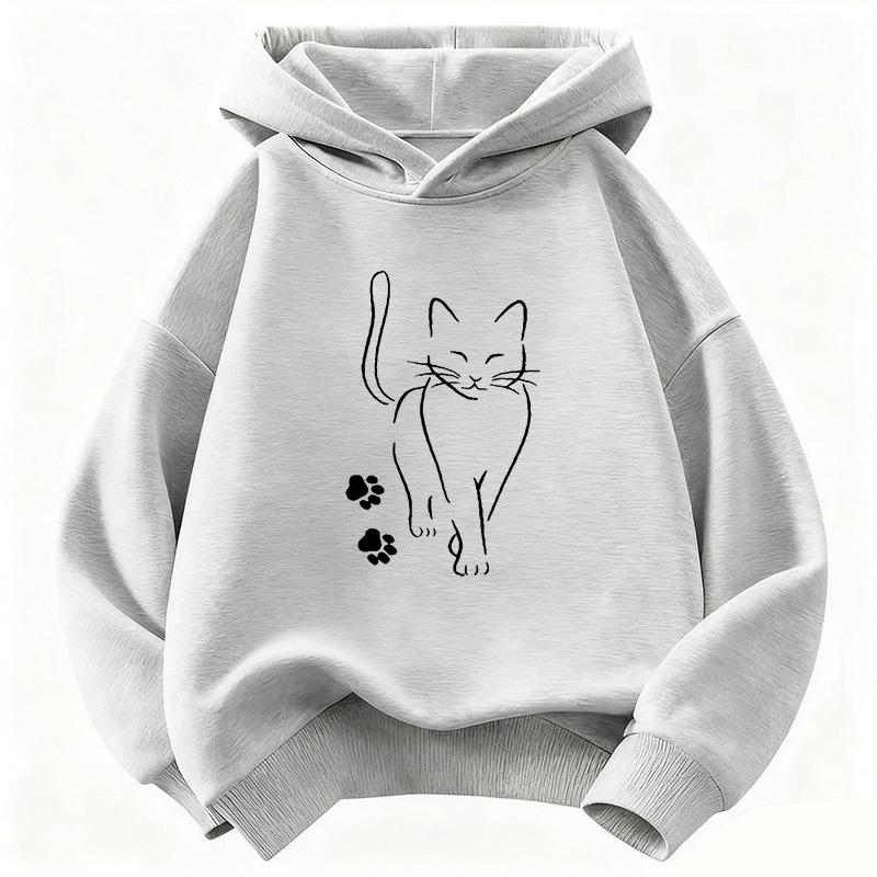 Fashion Children Hoodie, Elegant Line Drawing Cat With Paw Print Decor Pattern Pullover Sweatshirt, Fall Winter Casual Sport Long Sleeve Top