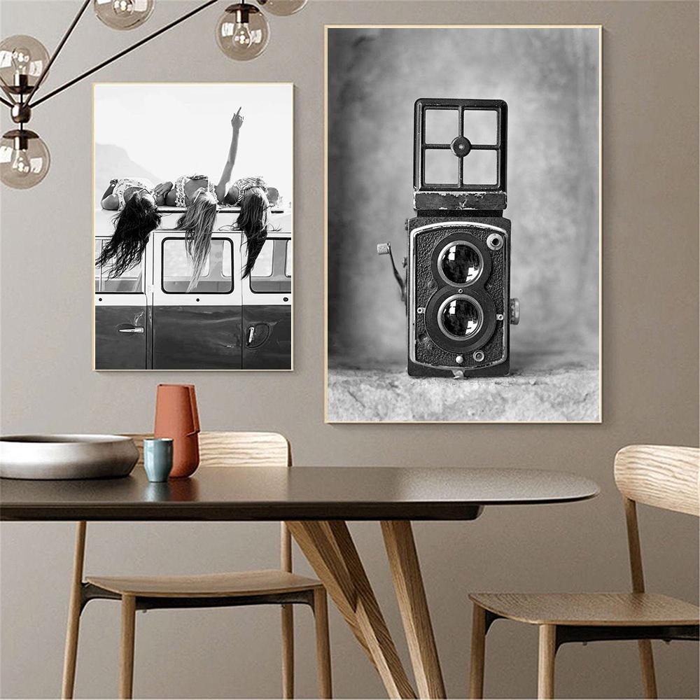 Black White Retro Camera Palms On Beach Wall Art Canvas Painting Nordic Posters And Prints Wall Pictures For Living Room Decor No Frame