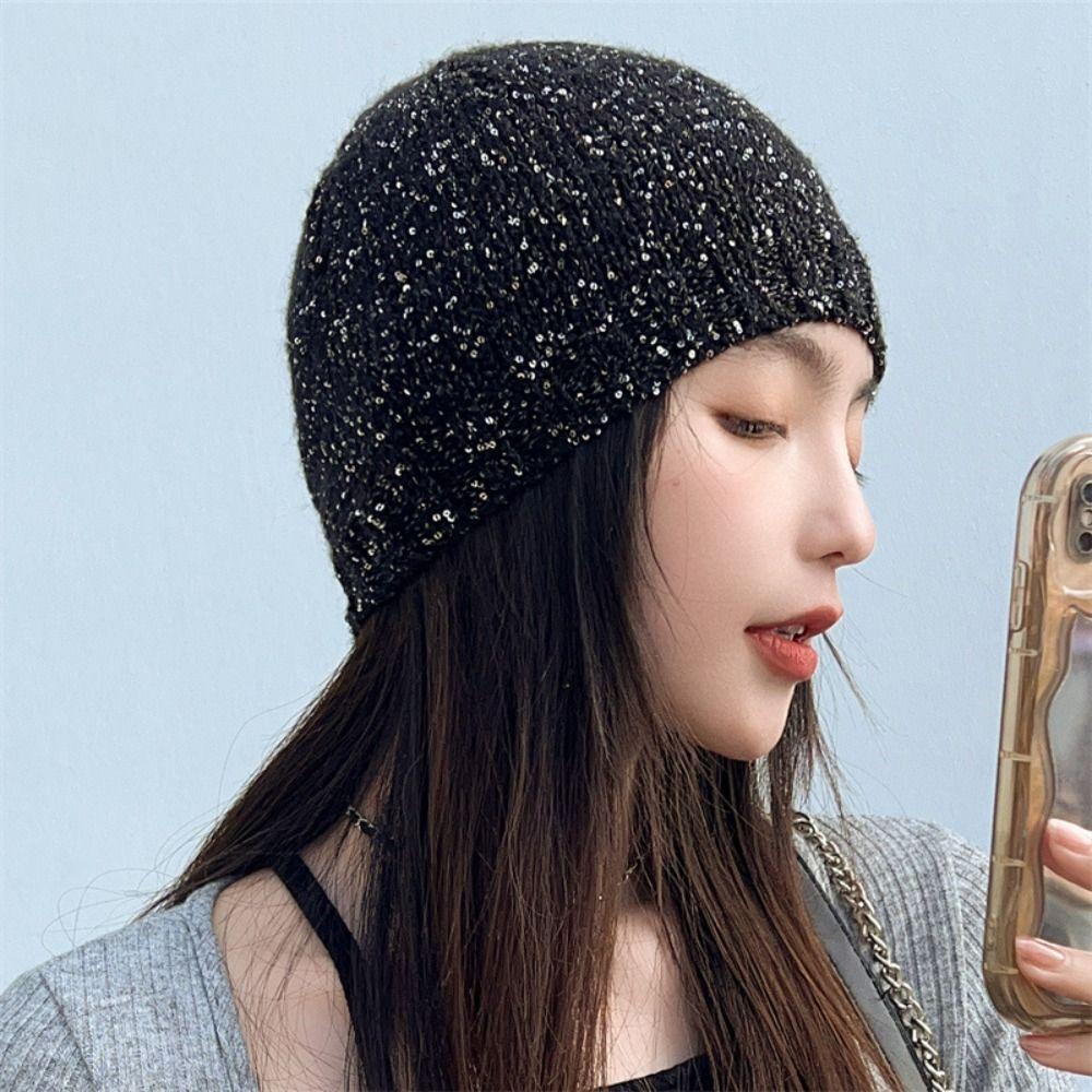 Black Sequin Knitted Hat Warm Cap Knit Cap Cute Bowknot Beanies Hat Winter