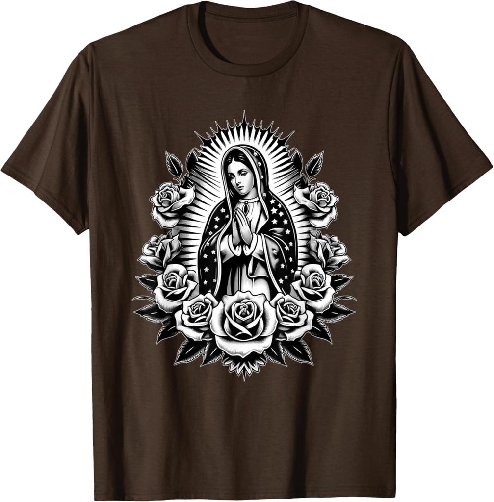Virgin Mary Guadalupe Roses Graphic T-Shirt Religious Catholic Virginita Floral Print Tee Men Casual