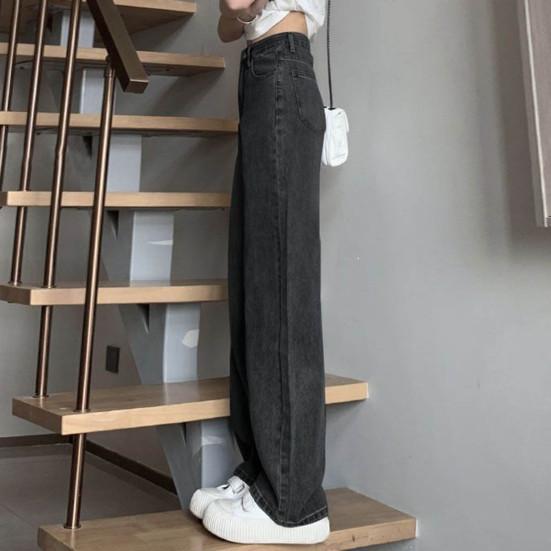 Dames Jeans Hoge Taille Knoopsluiting Ritssluiting Vintage Losse Pasvorm Zakken Rechte Wijde Pijpen Streetwear Broek Dagelijkse Draag Lange Broeken