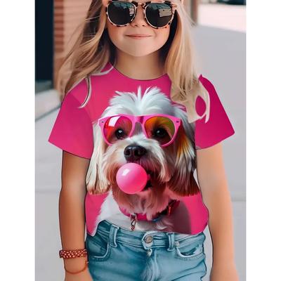 T-Shirt für Mädchen 3D-Druck Niedliche Hunde Grafik T-Shirts Sommer Kurzarm Lässig Modisch Rundhalsausschnitt Kurzarm Kinderkleidung