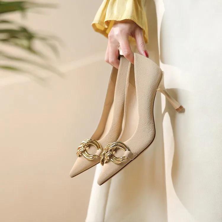2025 Spring and Summer New Women's European and American Style Metal Chain Pointed Shallow Cut Thin High Heel Single Shoes