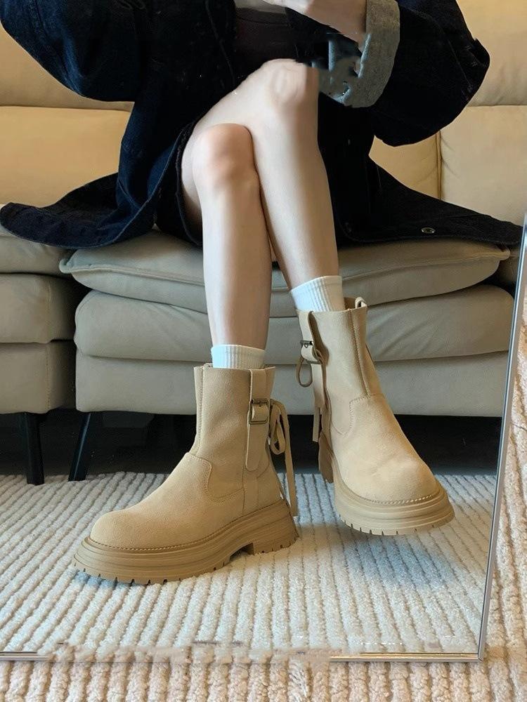 

Platform Martin Boots Women s Coarse Heel Short Boots Skinny Boots Vintage Maillard Khaki Back Strap British Boots 35 абрикосовый