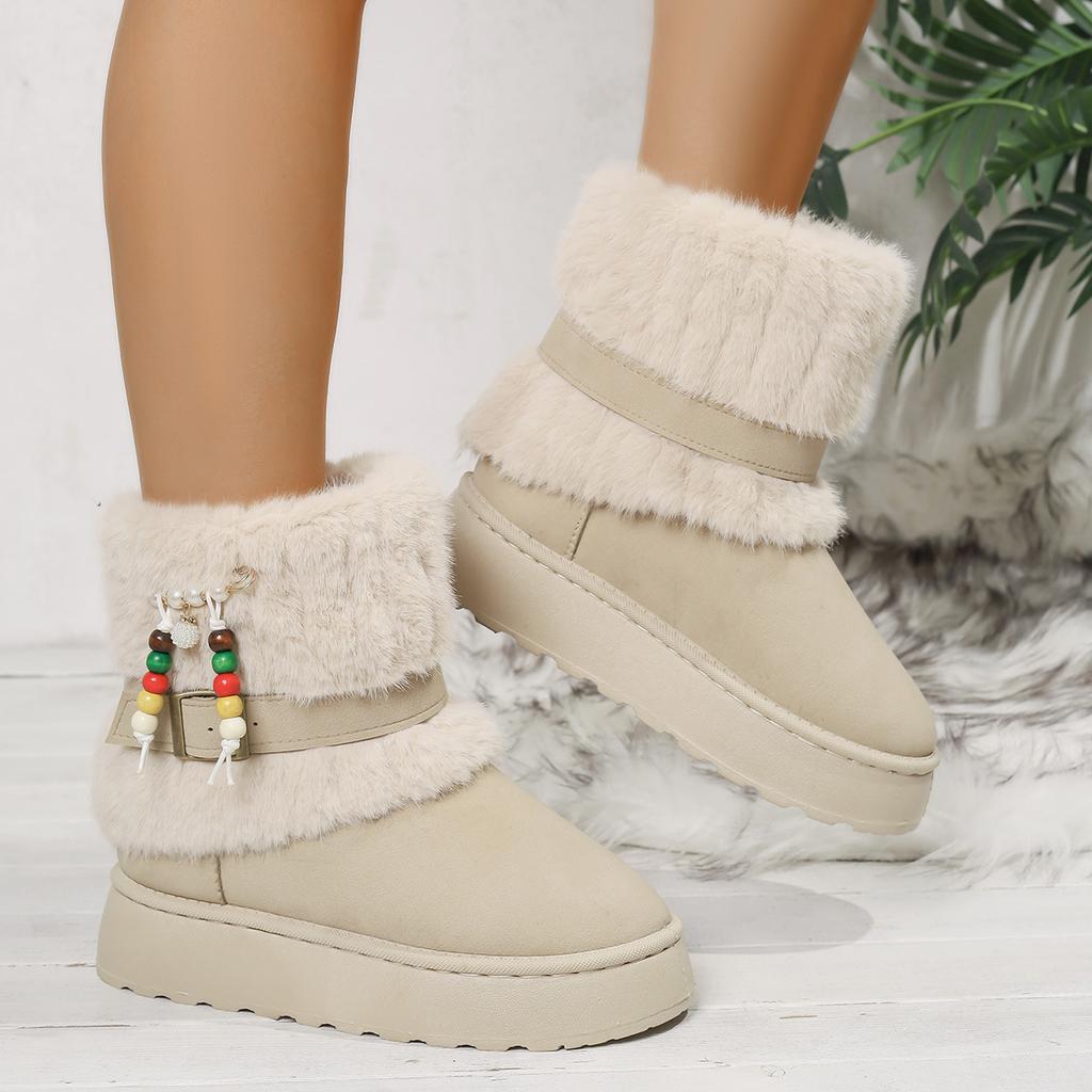 Round head velvet thick-soled warm snow boots wish2025 winter large size beaded wool thickened cotton shoes women