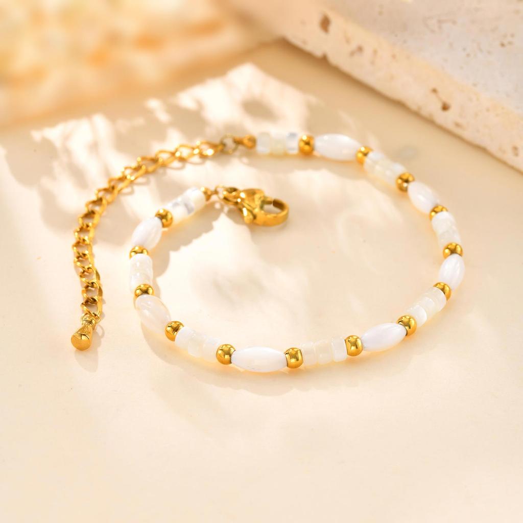 Women's White Shell Beaded Bracelet,Gold Color Stainless Steel Bracelets,Waterproof Charm Jewelry Gift