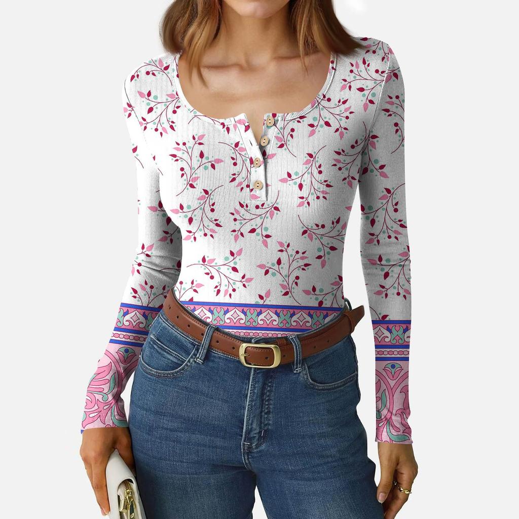 Camiseta de Fondo Delgado para Mujer Moda Casual Estampado Degradado Cuello Redondo Jersey Manga Larga Top