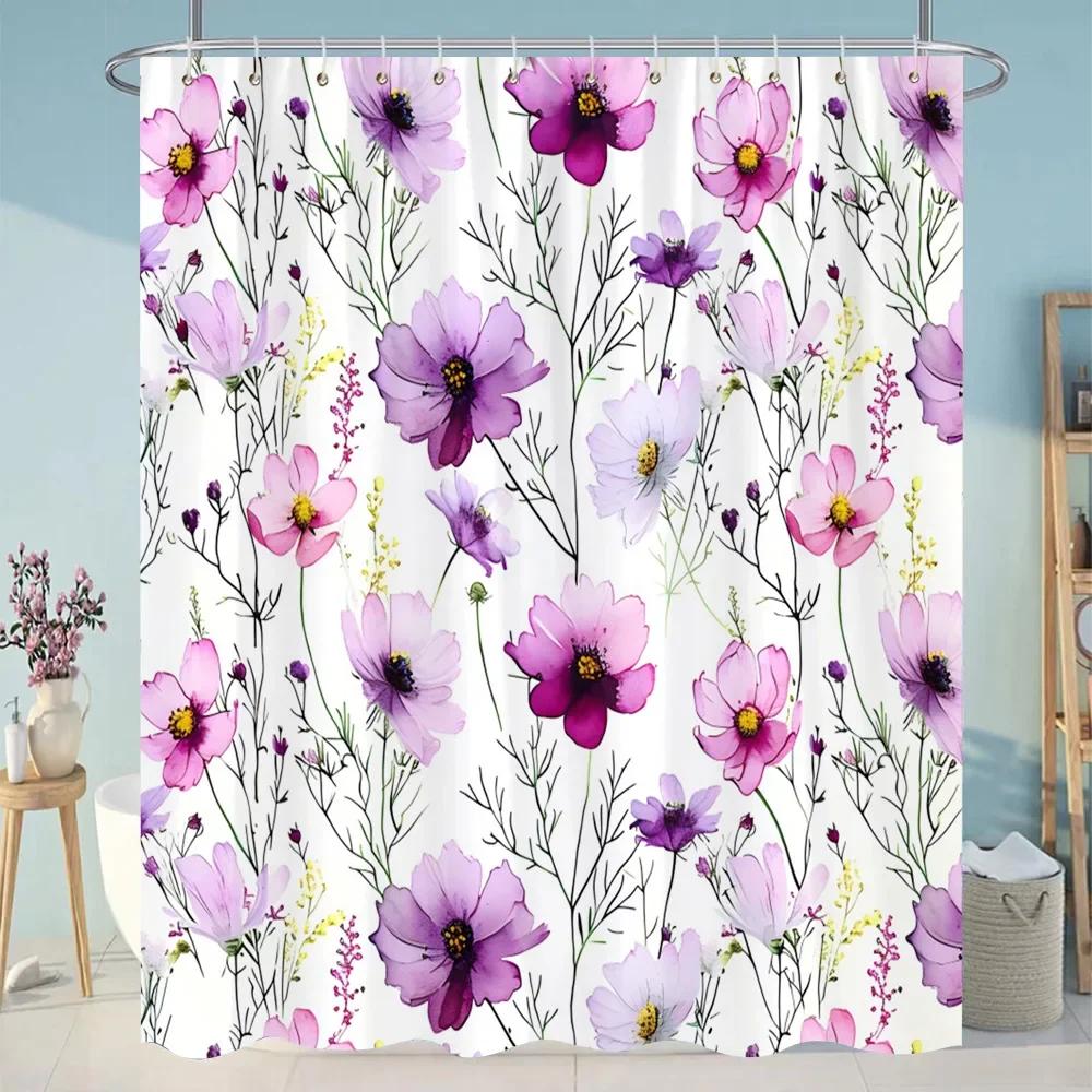 Botanical Flower Shower Curtain Colourful Flowers Green Leaves Watercolour Art Creative Polyester Shower Curtains Bathroom Decor