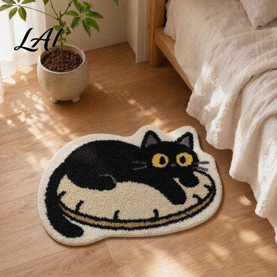 Durable Floor Mat Plush Bathroom Rug Non-Slip Absorbent Fluffy Mat Cute Easy Care Black Cat Door for Entrance Bedroom Living Room Washable