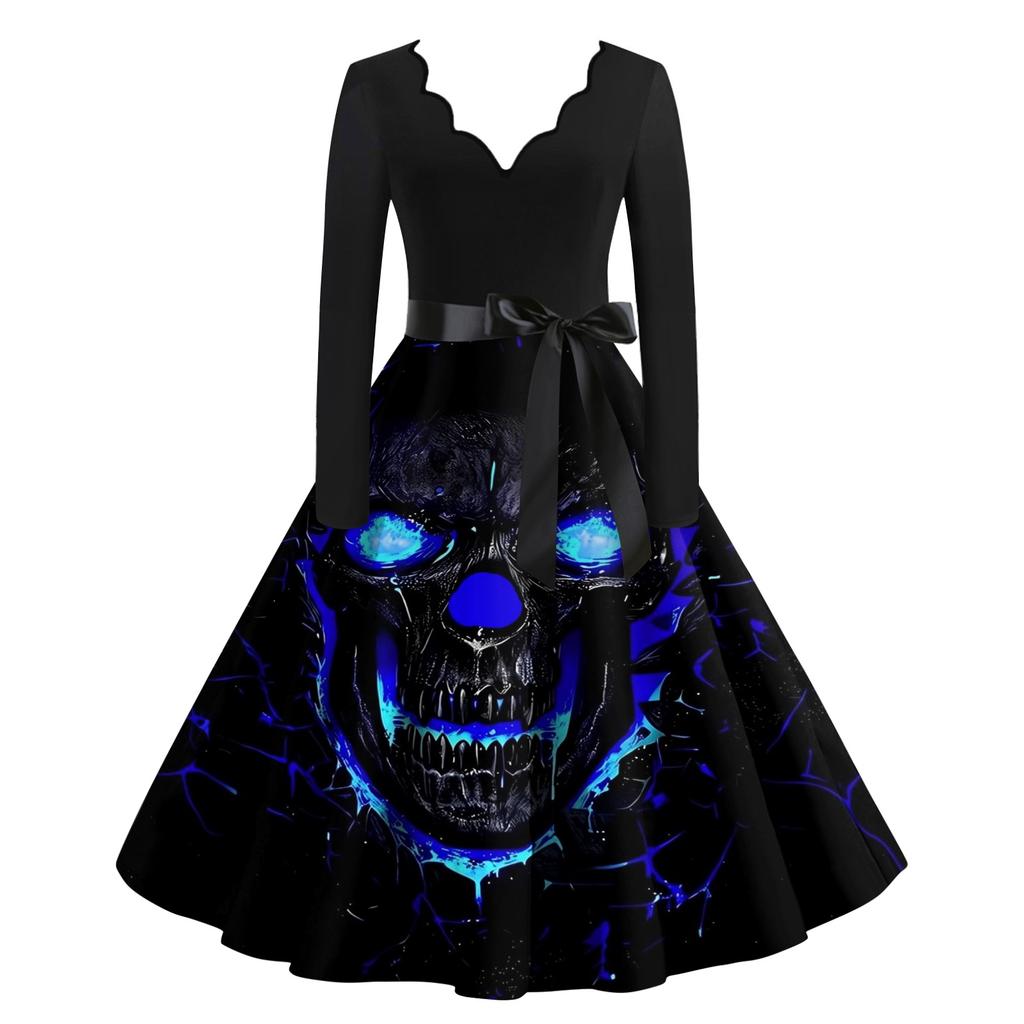 Women's Casual V-Neck Long Sleeve Vintage Print Dress for Halloween