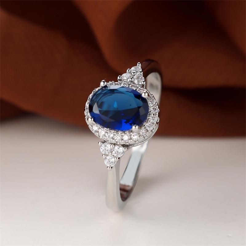 1 stk Sølvfarge Oval Cut Blåstein CZ Kloringer Bryllupsband Smykker Valentinsdagsgaver