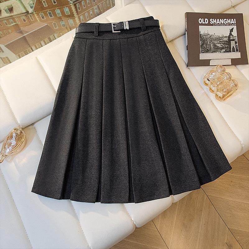 2026 Petite Plus Size Wool Pleated Midi Skirt - High Waist, Versatile School Style with Belt
