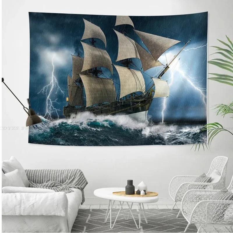 

Гобелен с пиратским кораблем, художественный принт, настенный подвесной морской узор, домашний декор 200x150cm