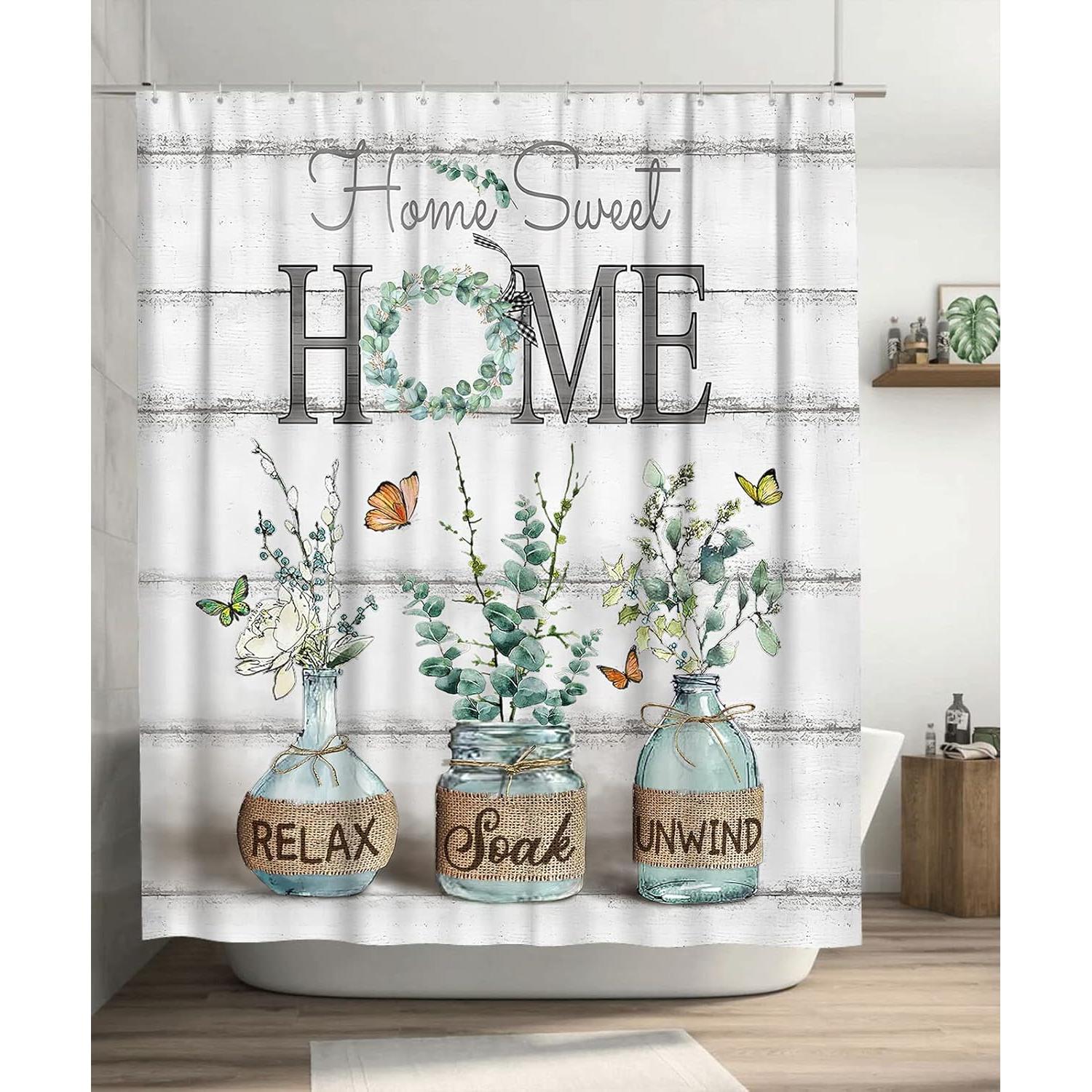 

Tijuboni Farmhouse Shower Curtain Green Eucalyptus Shower Curtains For Neutral Country Bathroom Decor Rustic Butterfly Botanical W60H190(CM)-1 Pcs